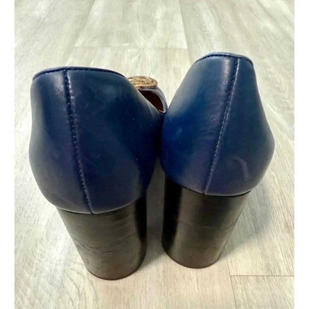 Tory Burch Leather Block Heel Pumps Women 9.5 Navy Blue Good Logo Medallion